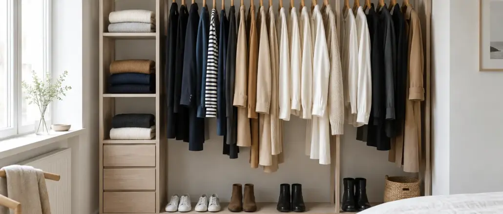 Åbent klædeskab med en lille capsule wardrobe i neutrale farver