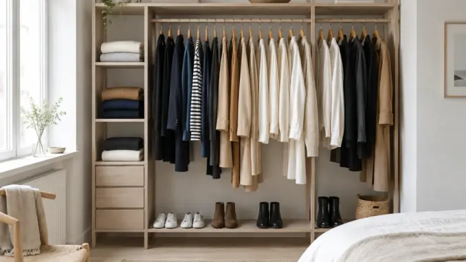 Åbent klædeskab med en lille capsule wardrobe i neutrale farver