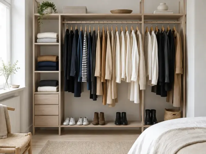 Åbent klædeskab med en lille capsule wardrobe i neutrale farver